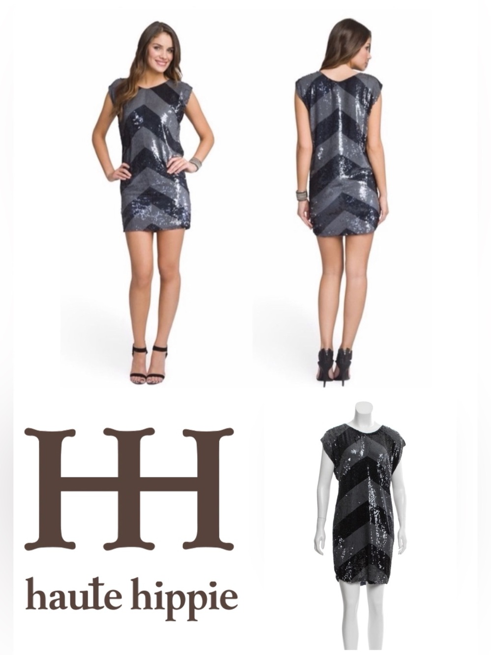 Haute Hippie Black & Gray Chevron Sequin Mini Dress